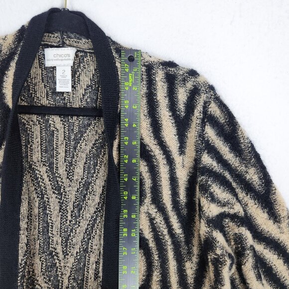 Chicos Sweater Womens 2 Tan Black 12 Zebra Print Mohair Wool Blend Long Cardigan - Picture 4 of 11